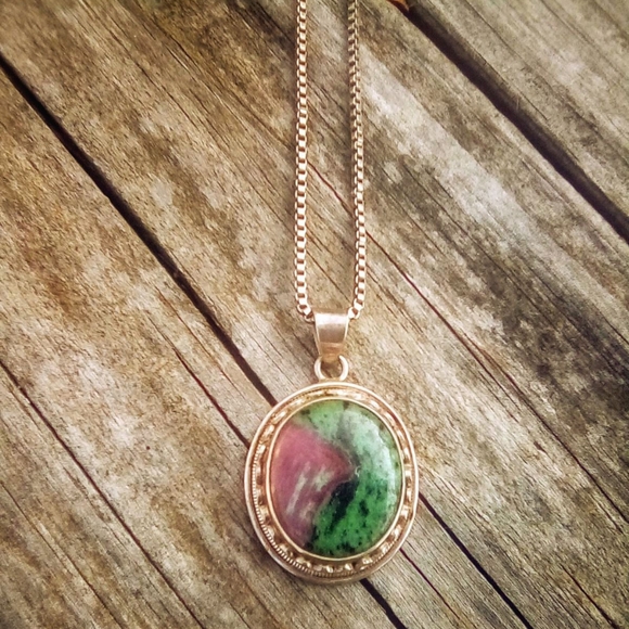 Vintage Sterling Silver Ruby Zoisite Pendant Necklace Boho Box Chain 23.75" - Picture 1 of 6